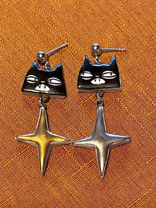 Gold and Silver Star Cat Earrings