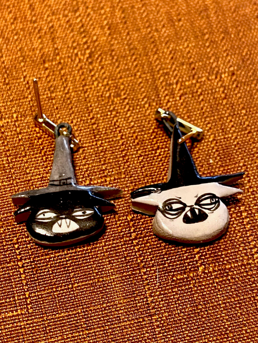 Black and White Cat Witch Earrings